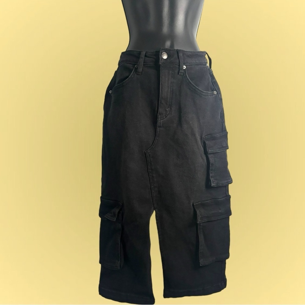 Wild Fable Black Denim Cargo Stretch Skirt Slit High Rise Pockets Midi SZ XS